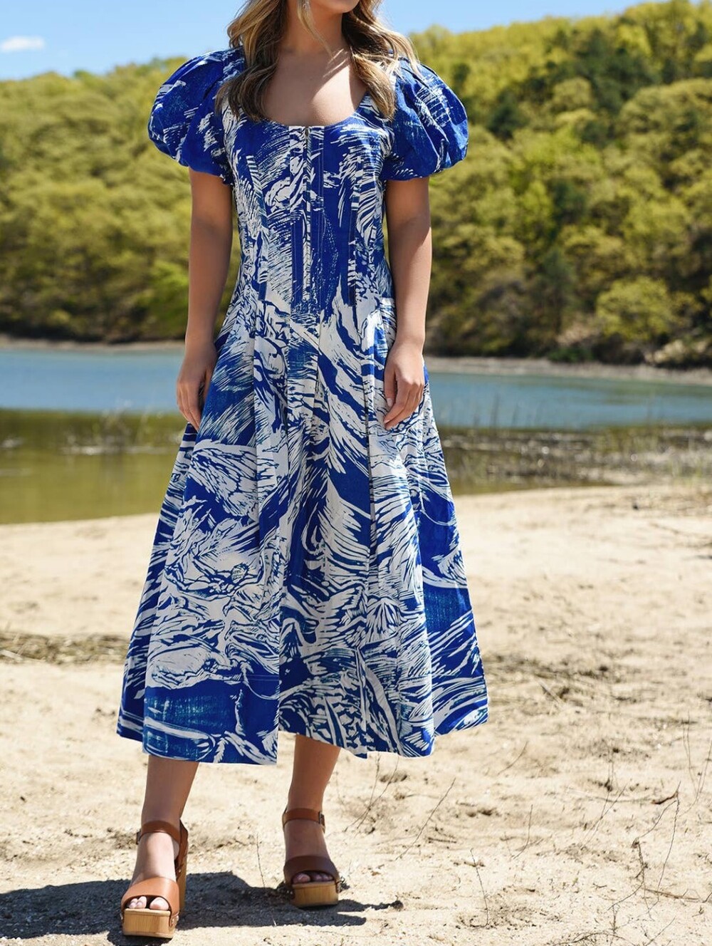 Jessie Zhao Blue White Puff-Sleeve Midi Dress